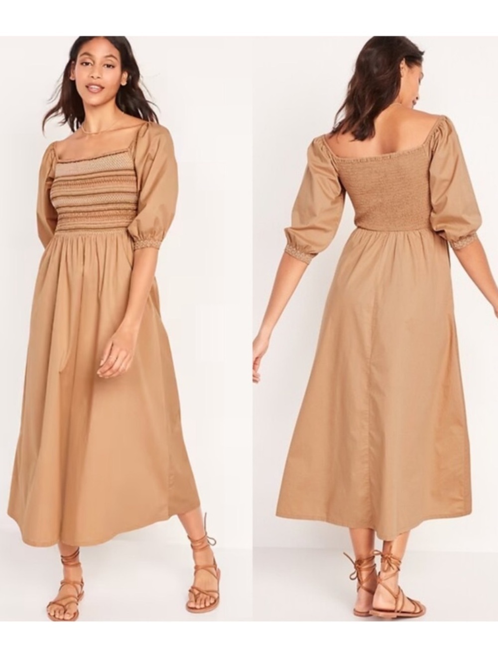 Old Navy Fit & Flare puff sleeve boho Smocked Maxi Dress Tan brown Large